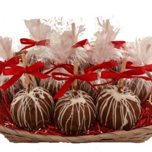 10 Caramel Dipped in Chocolate drizzled with White Chocolate in a Basket