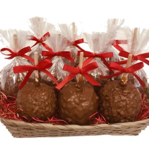 10 Caramel Apples with Peanuts dipped in Chocolate in a Basket