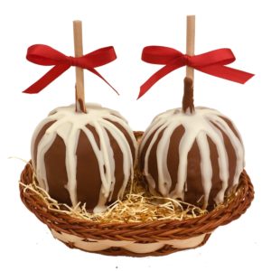 2 Chocolate dipped and Drizzled Caramel Apples in a Basket