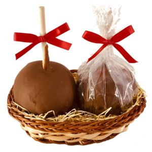 2 Chocolate Dipped Caramel Apples in a Basket