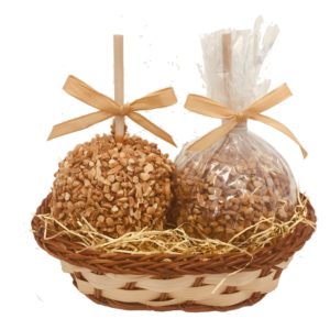 2 Caramel Apples with Peanuts in a Basket