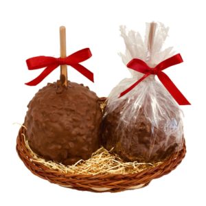 2 Peanut Chocolate Dipped Caramel Apples in a Basket