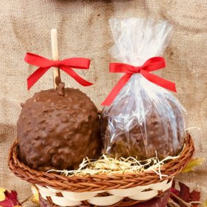 2 Peanut Chocolate Dipped Caramel Apples in a Basket