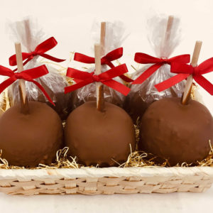 6 Large Caramel Apples Dipped in Chocolate in a Basket