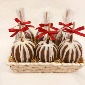 6 Caramel Dipped in Chocolate drizzled with White Chocolate in a Basket